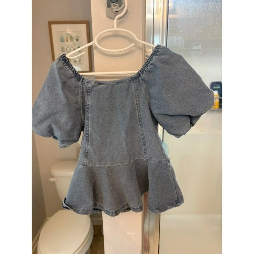 H&M Girls Chambray Denim Puff Sleeve Peplum Top Blue Size 6X/7